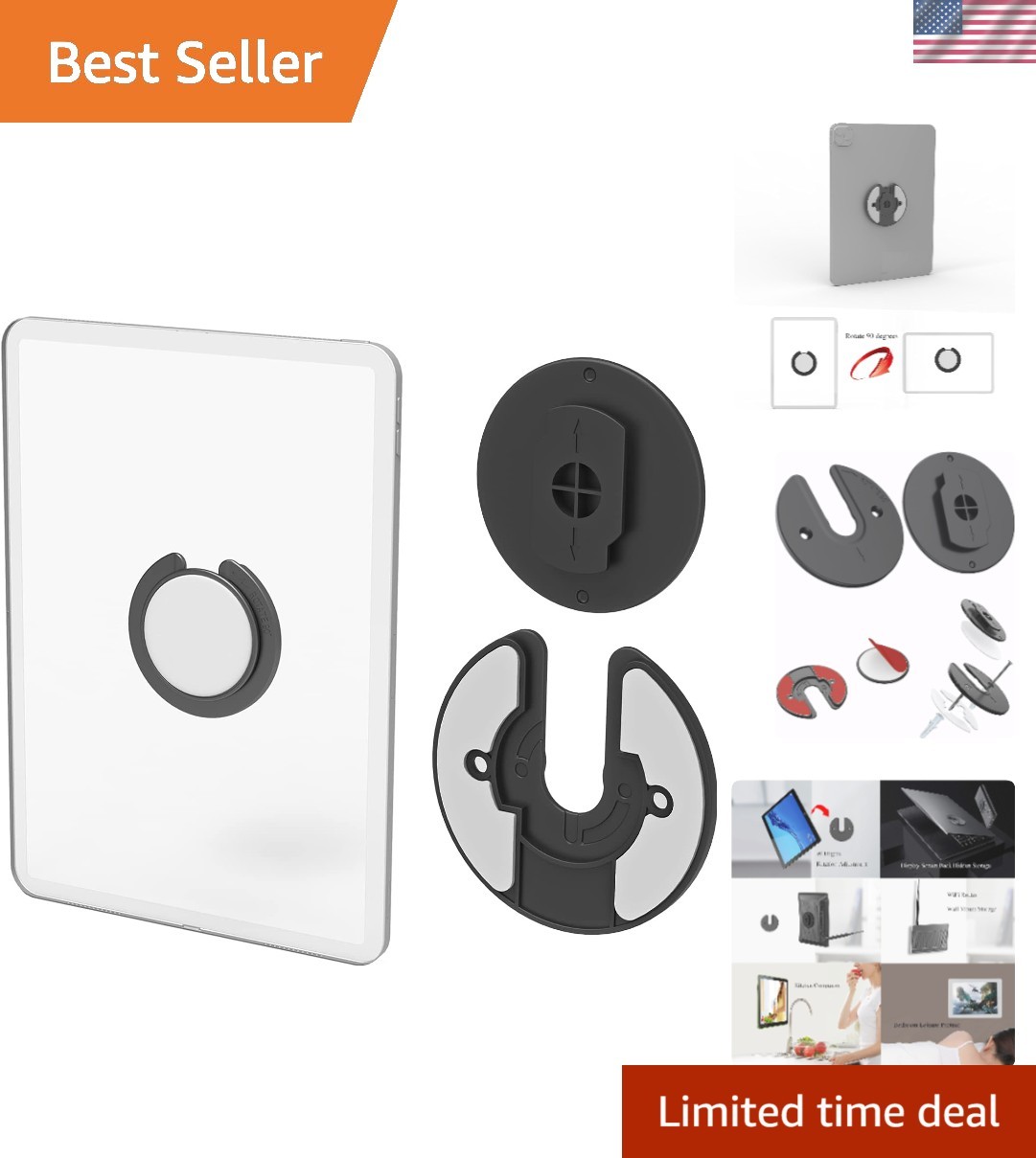 Universal Tablet Wall Mount Adjustable 90 Degrees Rotating Tablet Holder Fit ...