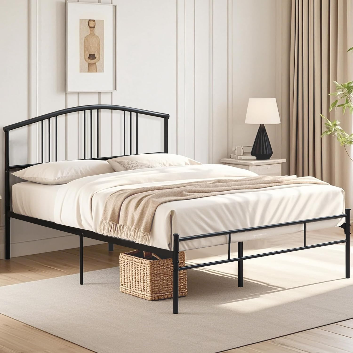Sturdy Queen Bed Frame with Headboard, 14" Metal Platform, No Box Spring Needed