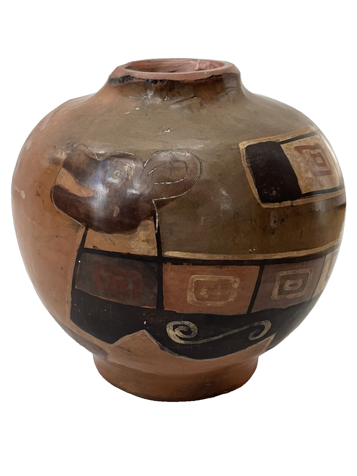 Moche Style Jaguar Motif Pottery Vase 4" T, Peru