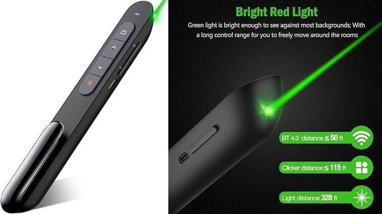 Bluetooth Luz verde USB Recargable Presentación Control remoto Powerpint Clicker