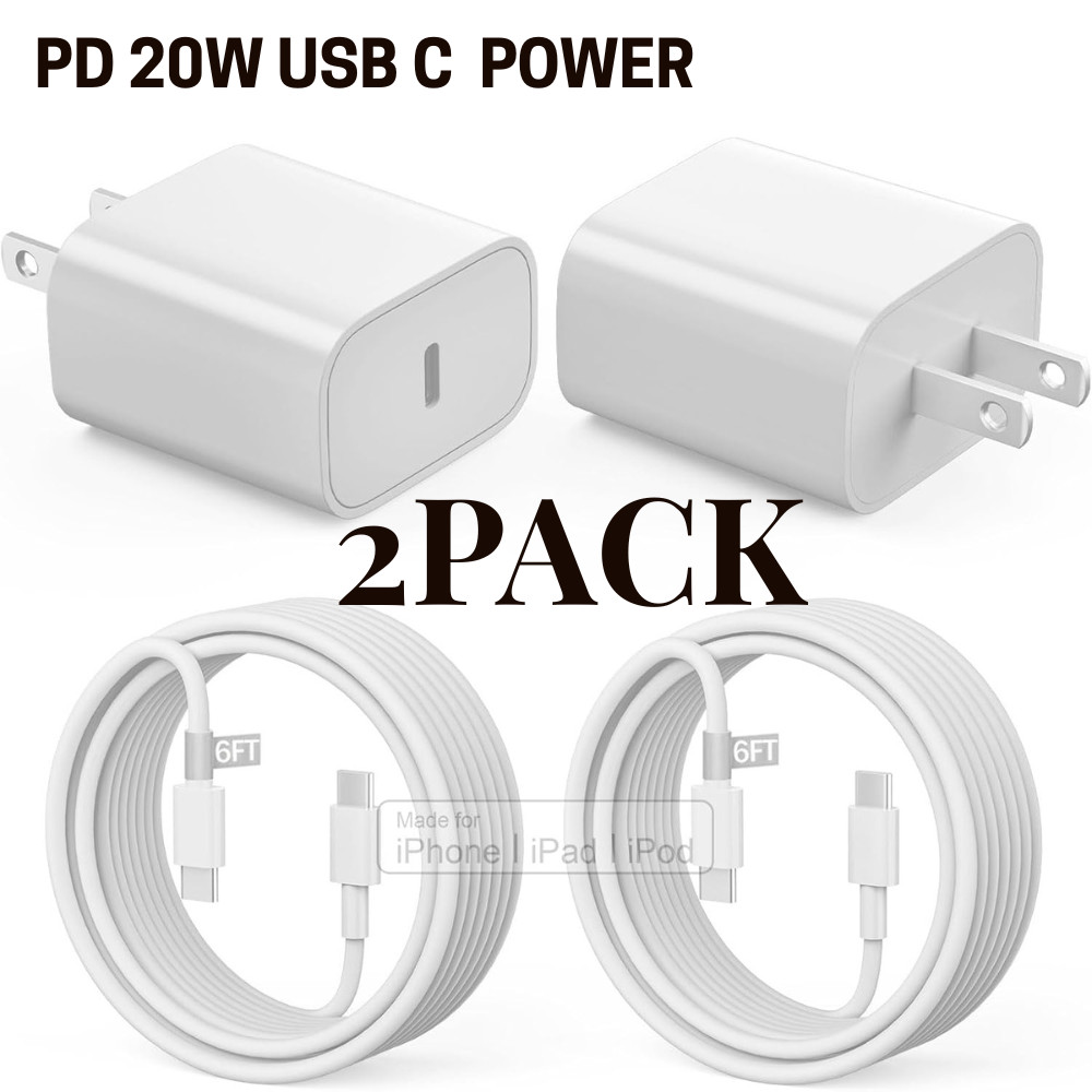 2Pack Type C PD 20W Fast Charger Cube 6FT Dual USB C Cord for Apple iPhone 15/16