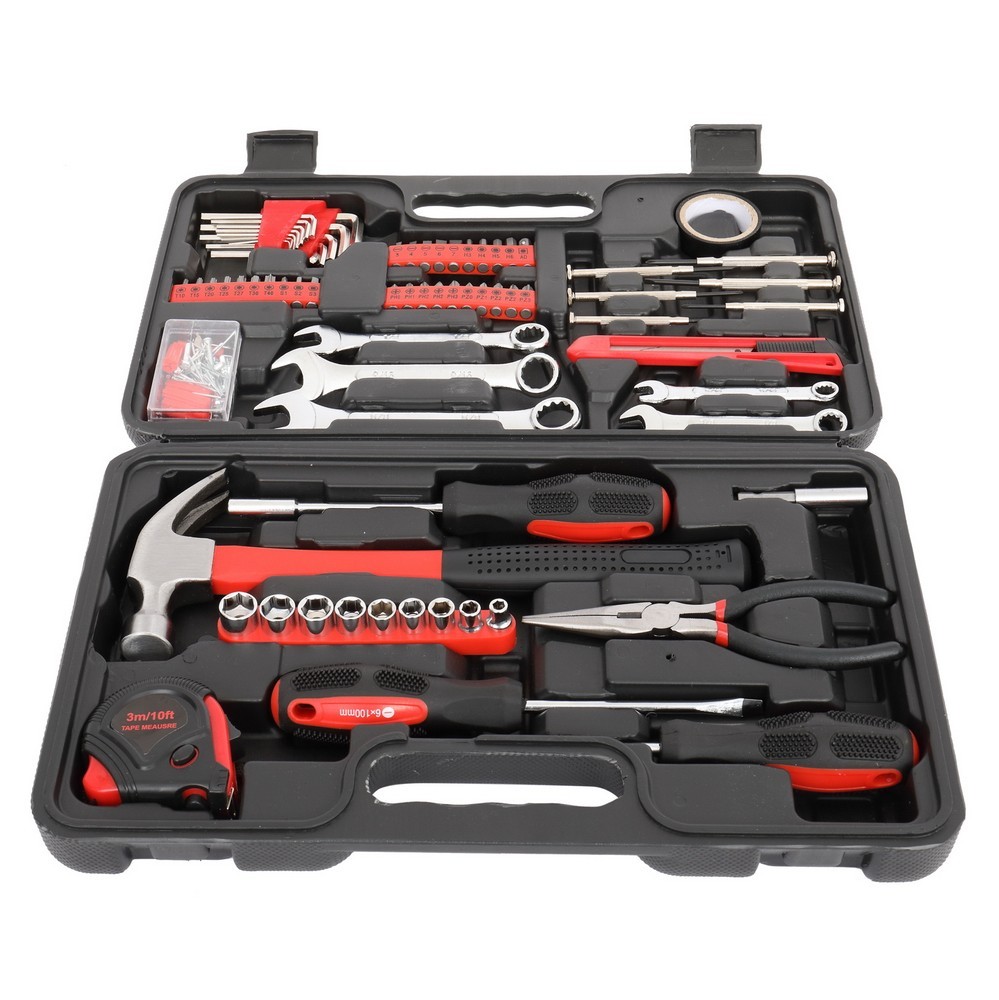 148pcs Home Tool Set Red Household Repair Kit with Hammer Screwdriver