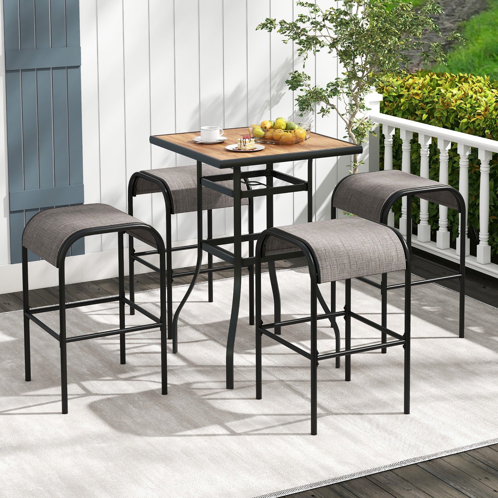 5-Piece Patio Dining Set w/ Umbrella Hole Metal Frame & Breathable Fabric Seat