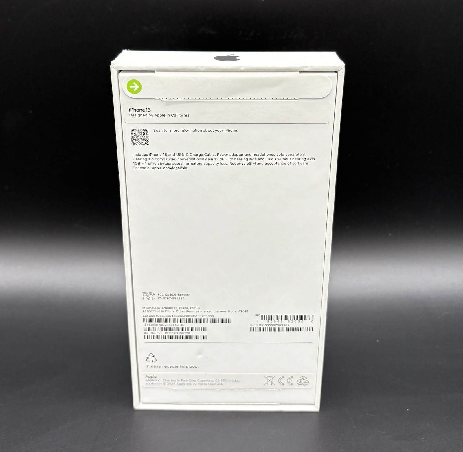 Apple iPhone 16 / Black / Box Only / With Inserts