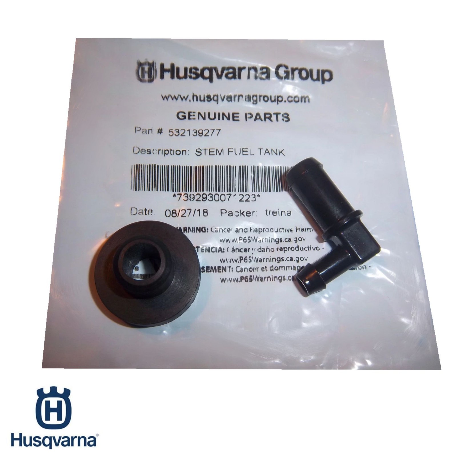 HUSQVARNA  532139277 532003645 90 DEGREE FUEL FITTING STEM W/ GROMMET