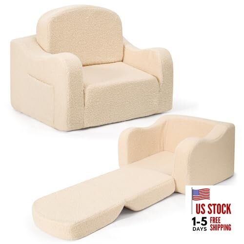 Comfy Toddler Chair & Kids, 2-in-1 Soft Couch Fold Out for Teddy Velvet Beige