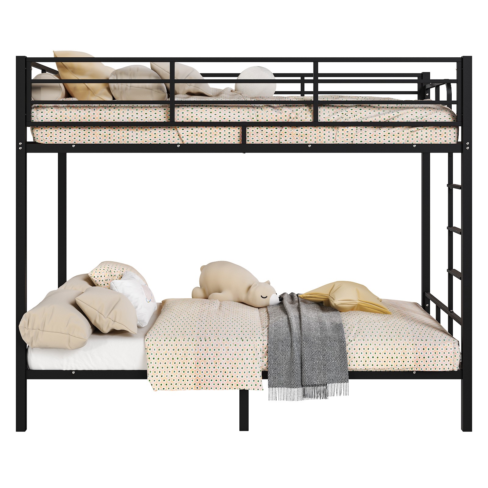 NEW Twin Bunk Bed Square Tube High Guardrail Side Ladder Opening Iron Bed, Black