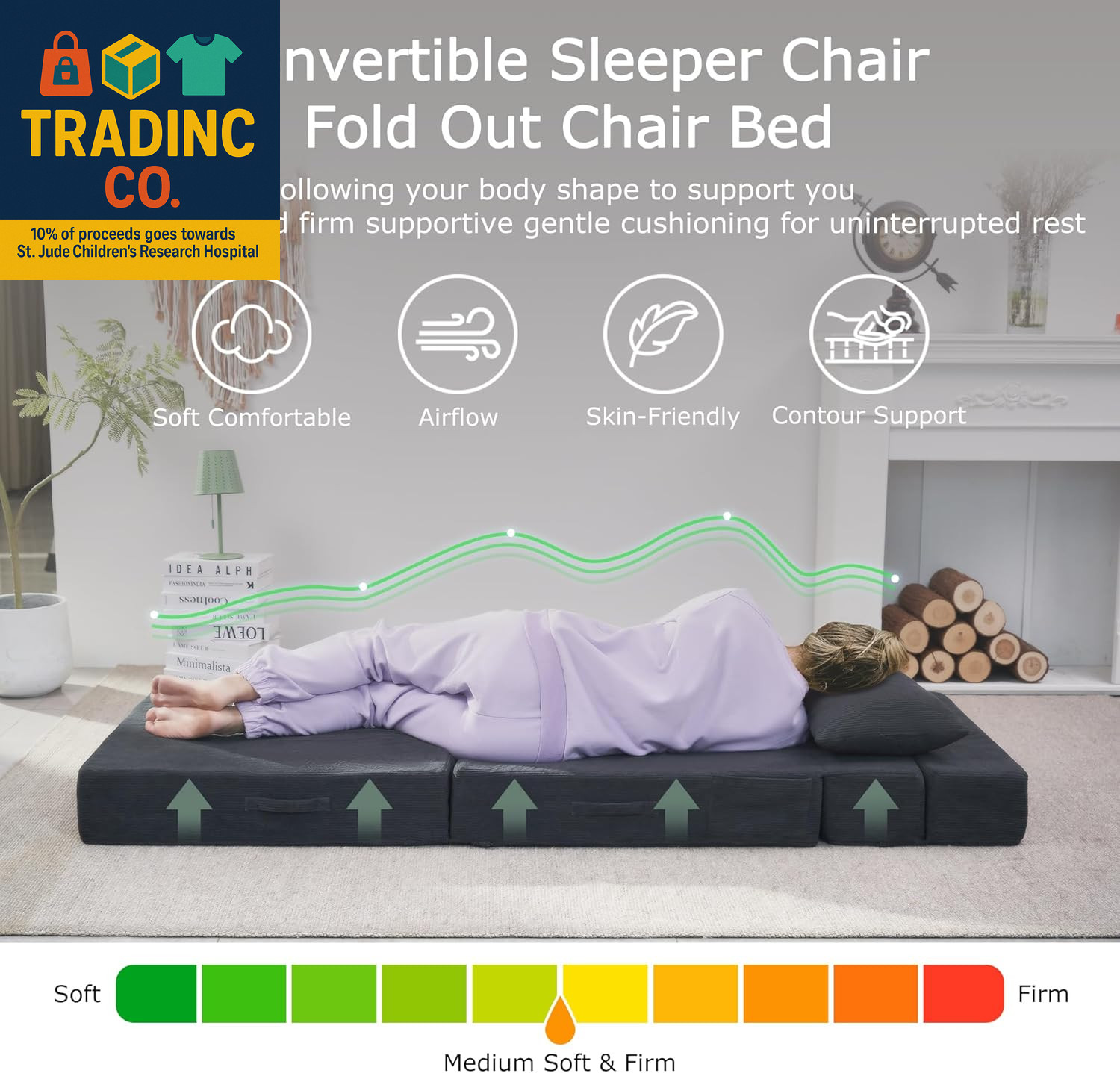 Folding Sof Bed, 4 in 1 Convertible Sleeper Chir with Pillow, Single Memory Fom