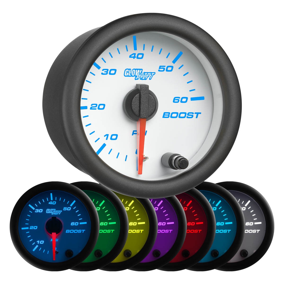 GlowShift 60 PSI Diesel Boost Gauge Kit w/ Hose & Fittings, White 7 Color