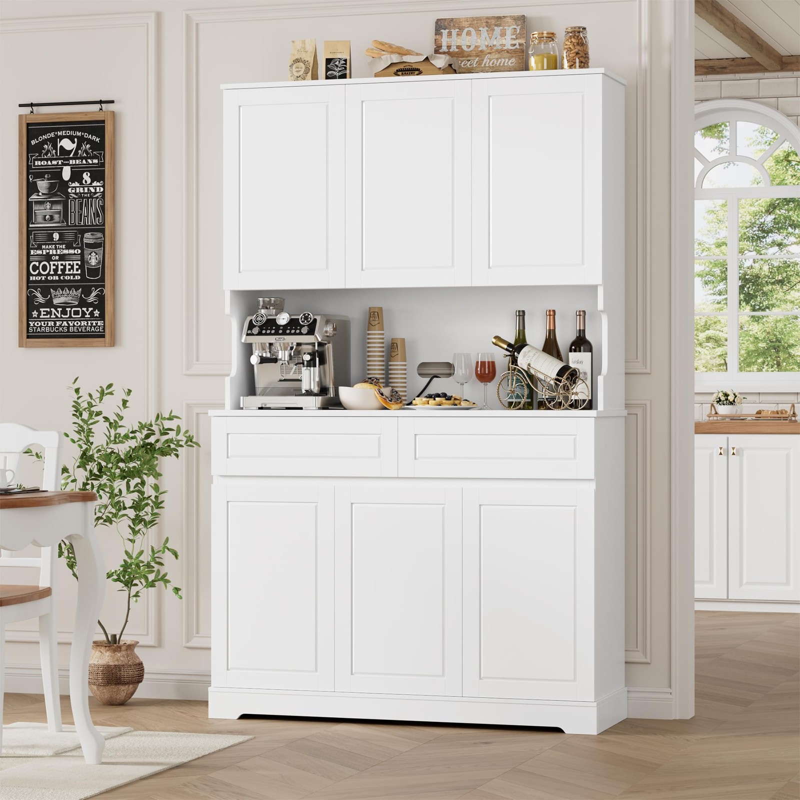 74" Pantry Cabinet 6 Doors 2 Drawers Wide Countertop Adjustable Shelves White