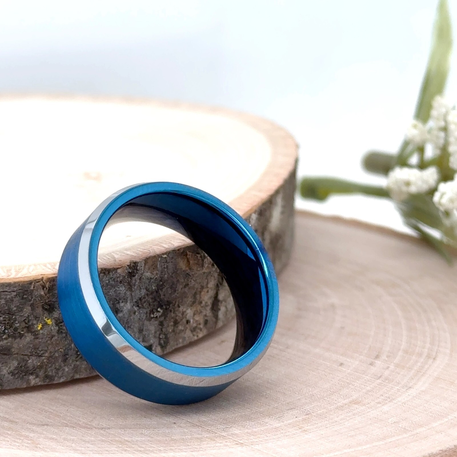 8mm Silver & Blue Tungsten Christmas Gif Ring Stain Surface Polished Finish Band