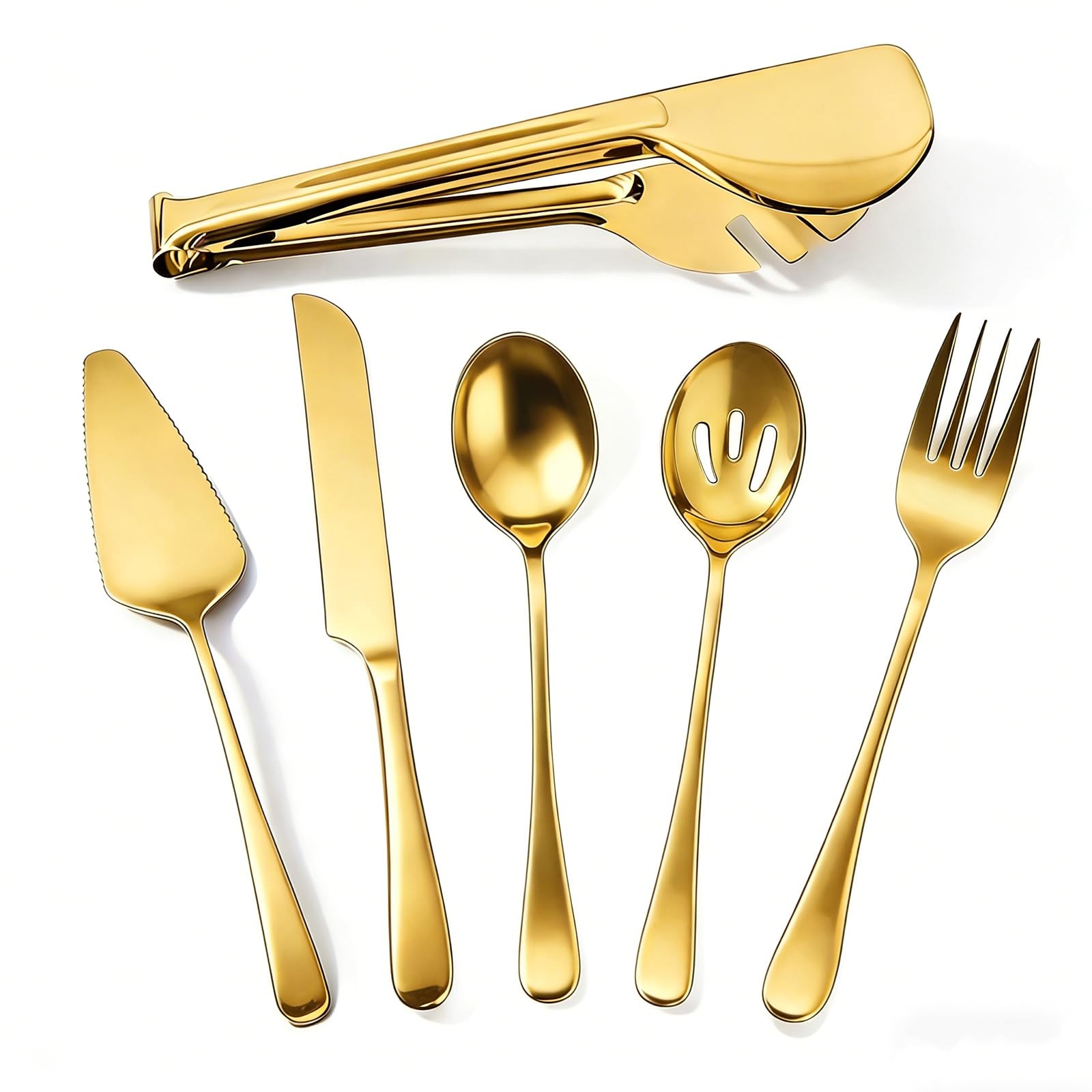 6 PCS Stainless Steel Serving Utensils Set Spoons Forks Tongs Ladle Gold