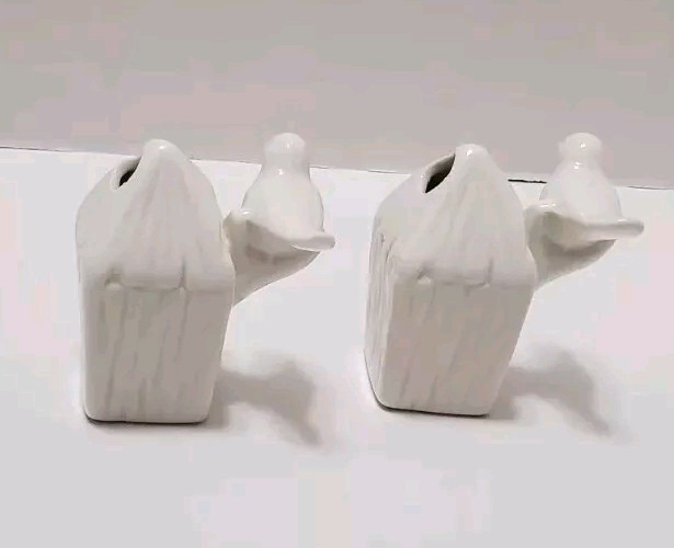 Birdhouse Shaped Toothpick Match Holder 2 Pack W/ White Birds Perched Ceramic