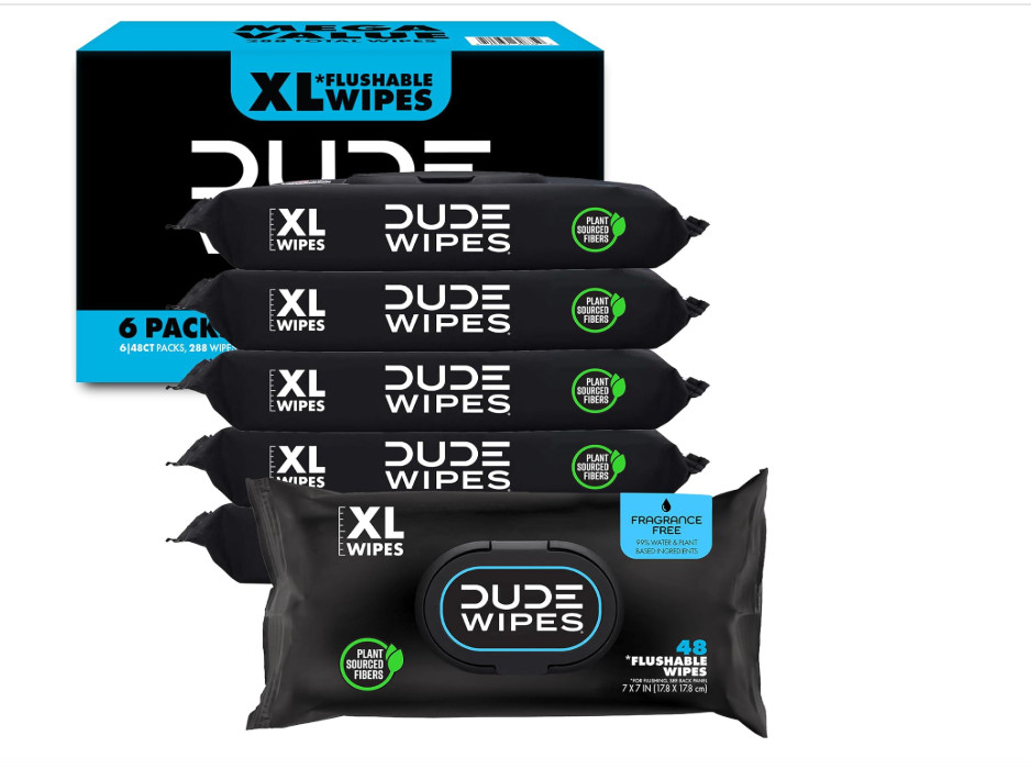DUDE Wipes - Flushable Wipes - 6 Pack, 288 Wipes - Unscented Extra-Large Adult