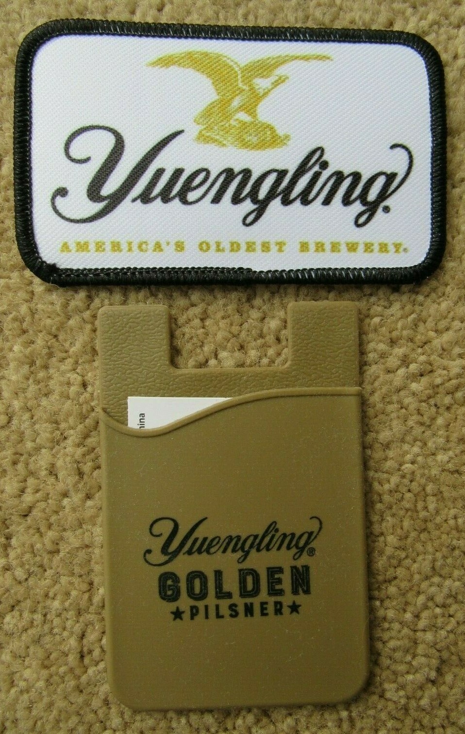 Pair of Yuengling Golden Pilsner Beer Slim Silicone Card Holder & AOB Patch NEW