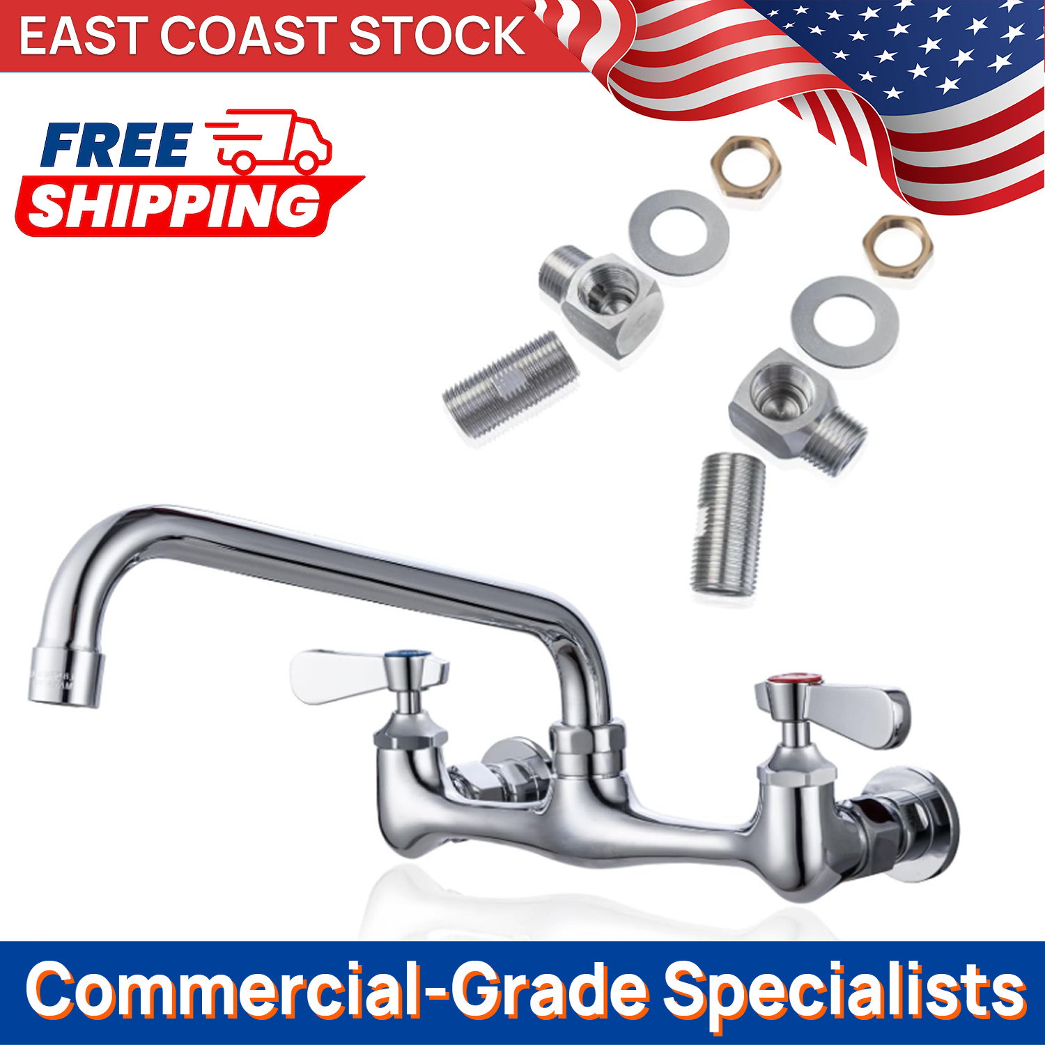 8" Center Wall Mount Faucet with 8" Swivel Spout - Commercial Brass