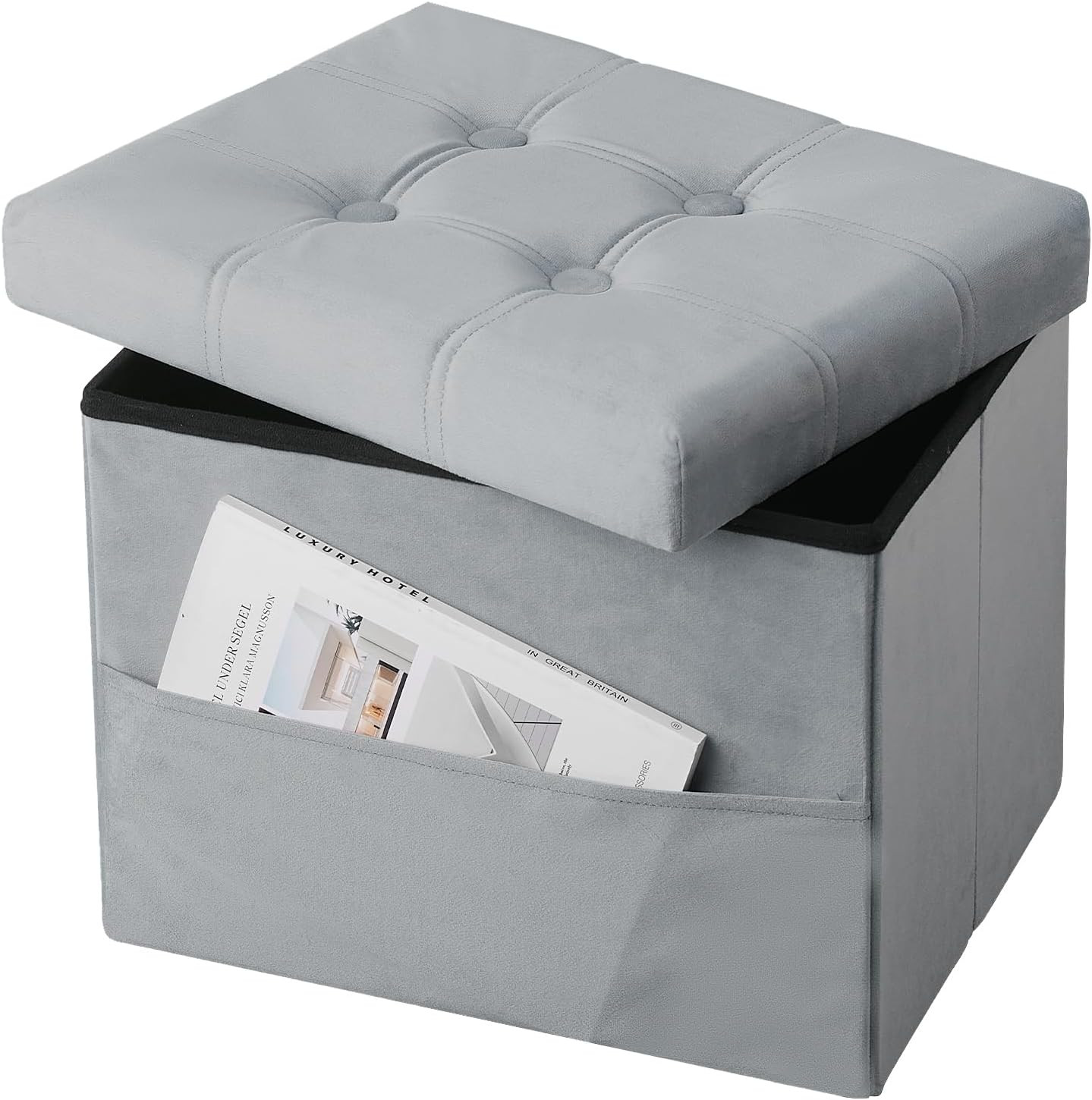 Storage Ottoman Foot Stool, 17 Inches Folding Ottoman with Storages, Velvet Stor