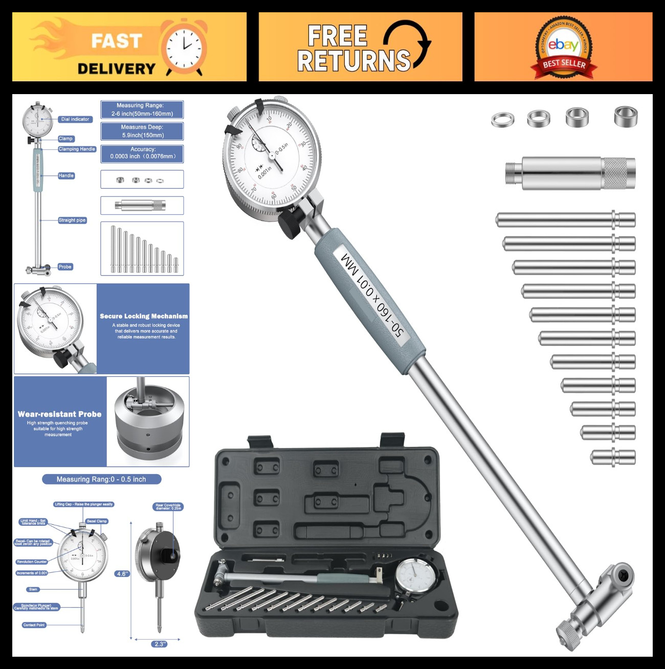 Precision Dial Indicator Bore Gauge 2"-6" 0.001" Internal Diameter Measurement T