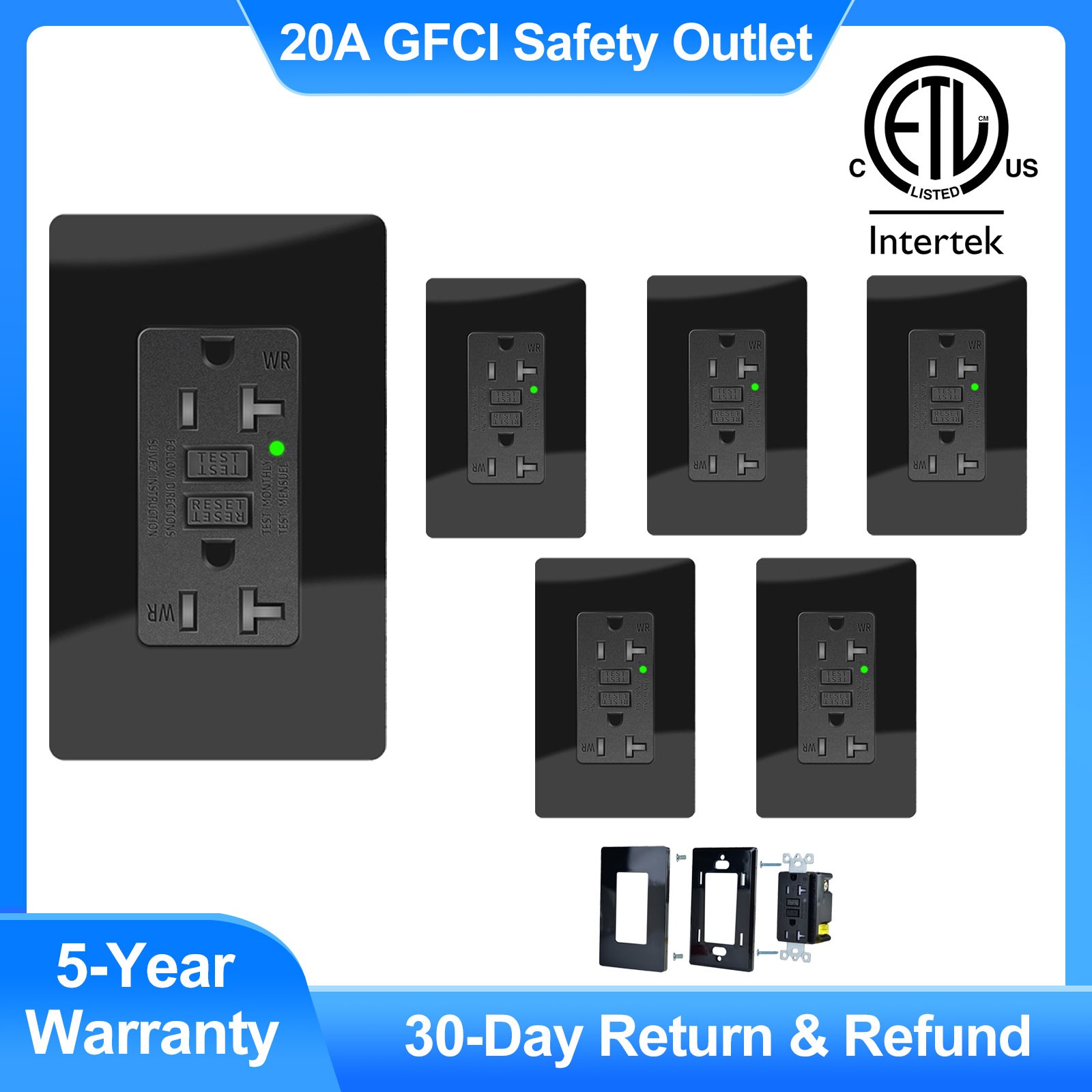 6PK 20A Black GFCI Receptacle WR TR Fireproof Shell LED Indicator ETL Certified