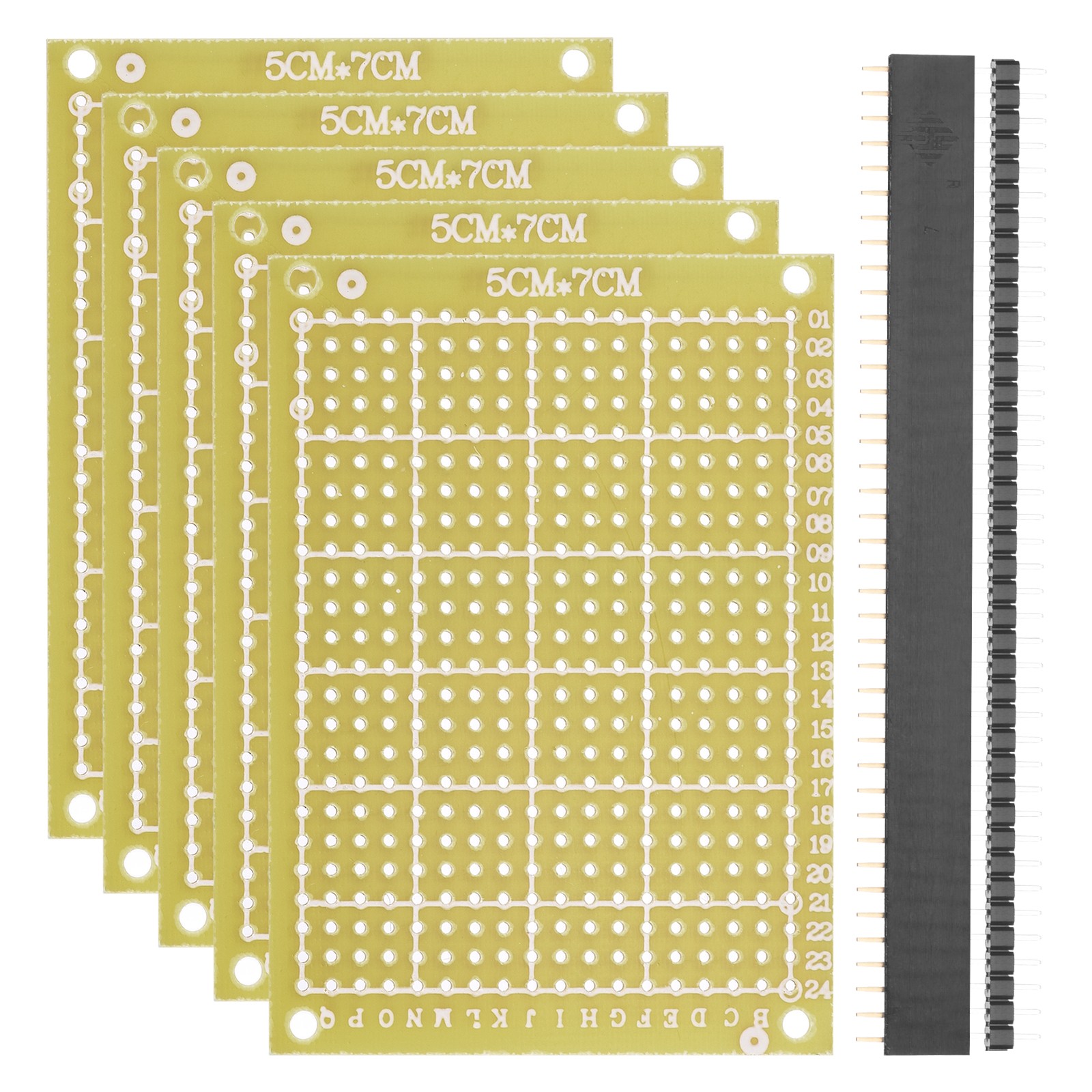5Pcs 7x5cm PCB Board 2.54mm Spacing 1.2mm Thick W 40-Pin Headers, Yellow
