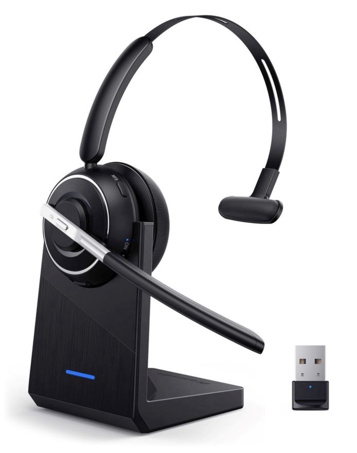 Bluetooth Wireless Mono Headset w/ Mic | USB Dongle + Charging Base