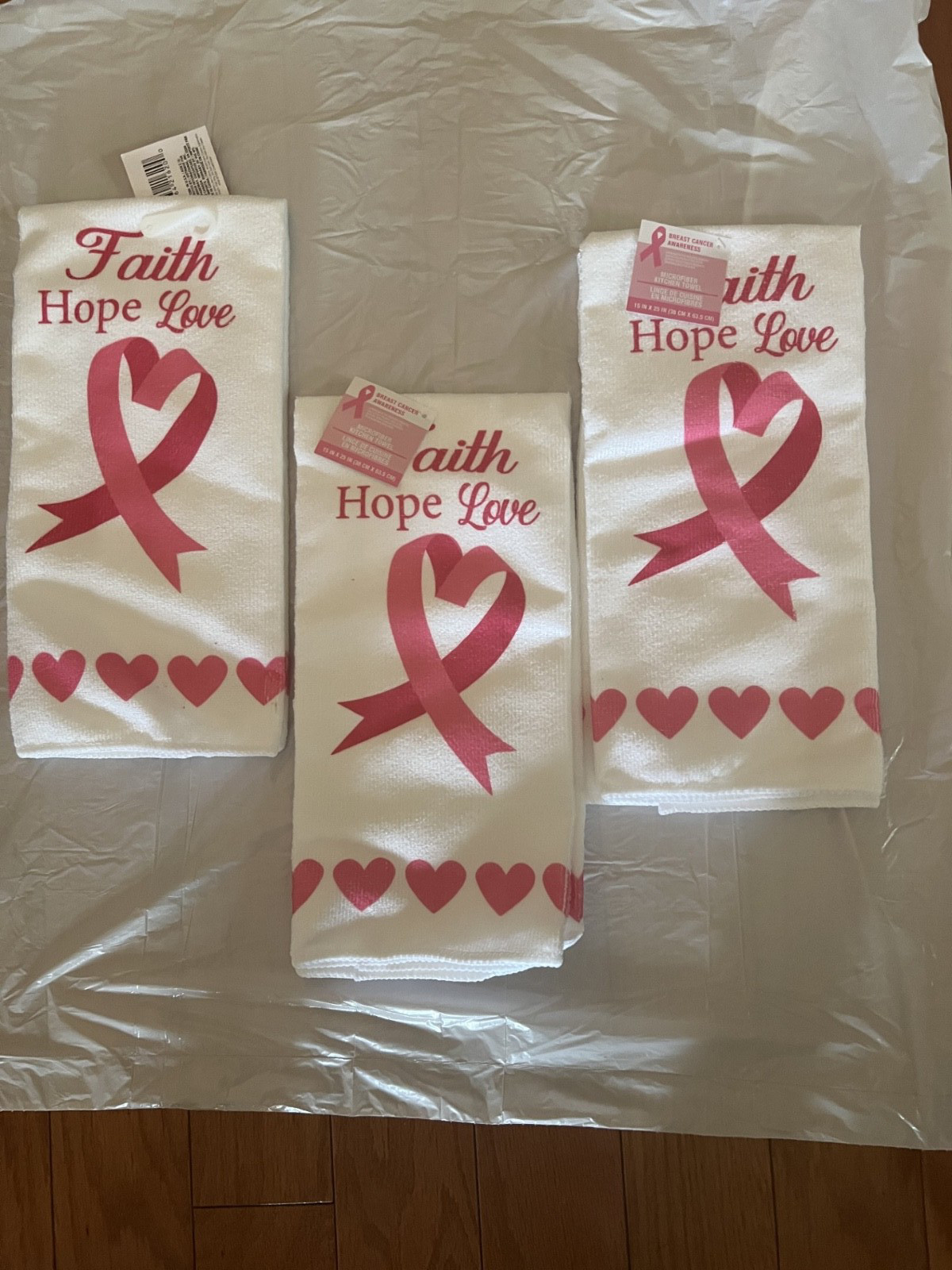 Breast Cancer Awareness 3 Towels w/pink ribbons White  background. Size 15 X 25"