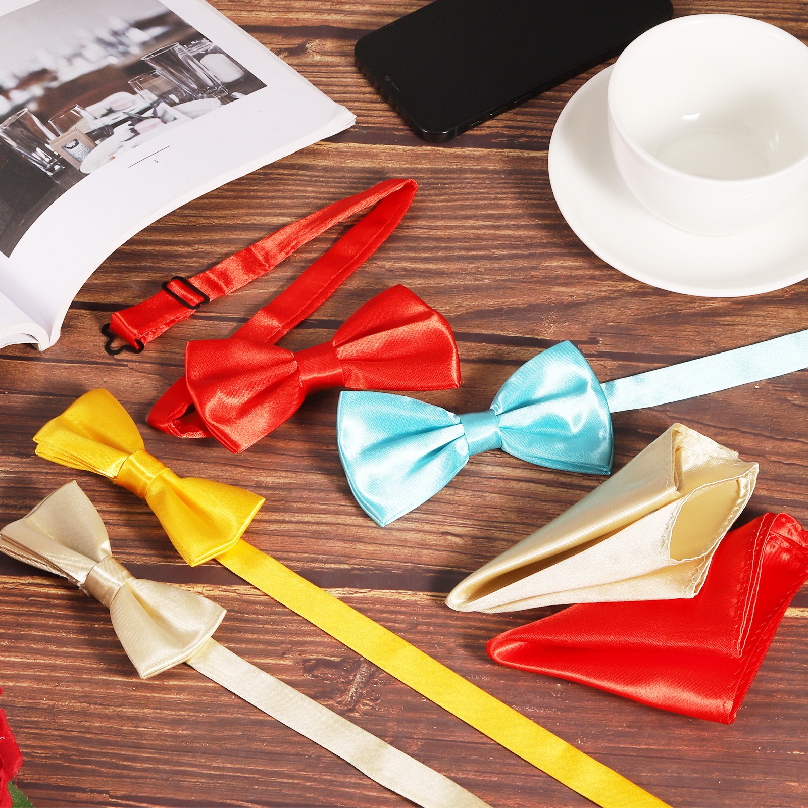 Bow Tie for Men, Adjustable Bow Ties with Pocket Square(Dark Coffee)