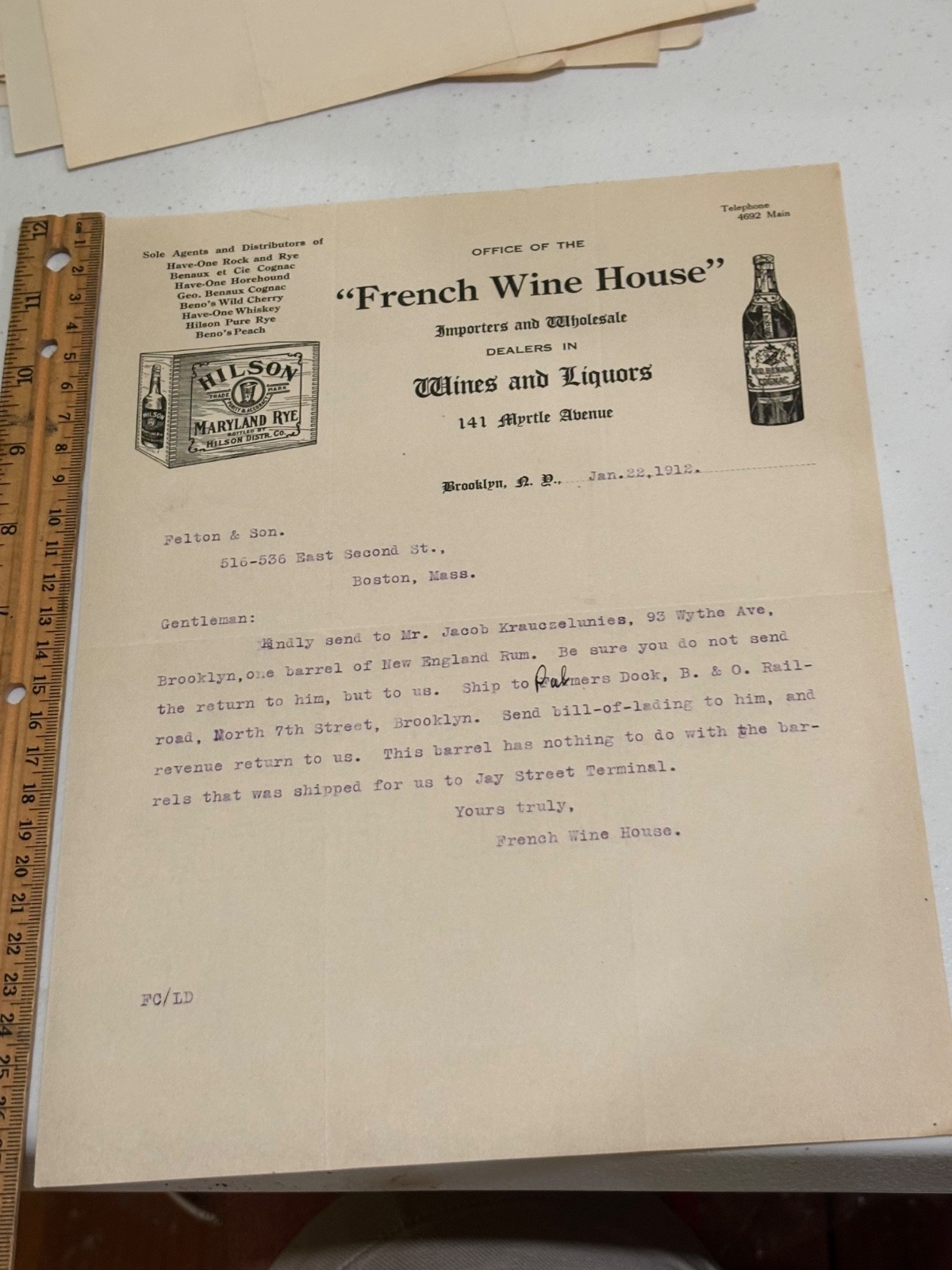 1912 Brooklyn French Wine House Cognac Whiskey advertising Letter billhead