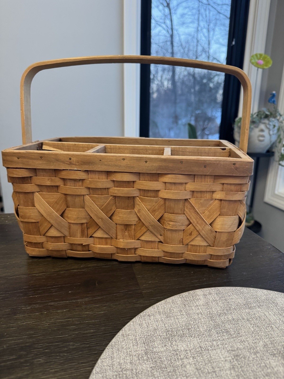 Longaberger Style Vintage Split Wood Divided Utility Basket Caddy with Handle