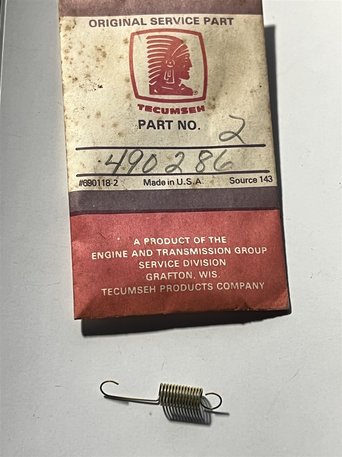 Tecumseh New Old Stock # 490286 Governor Spring