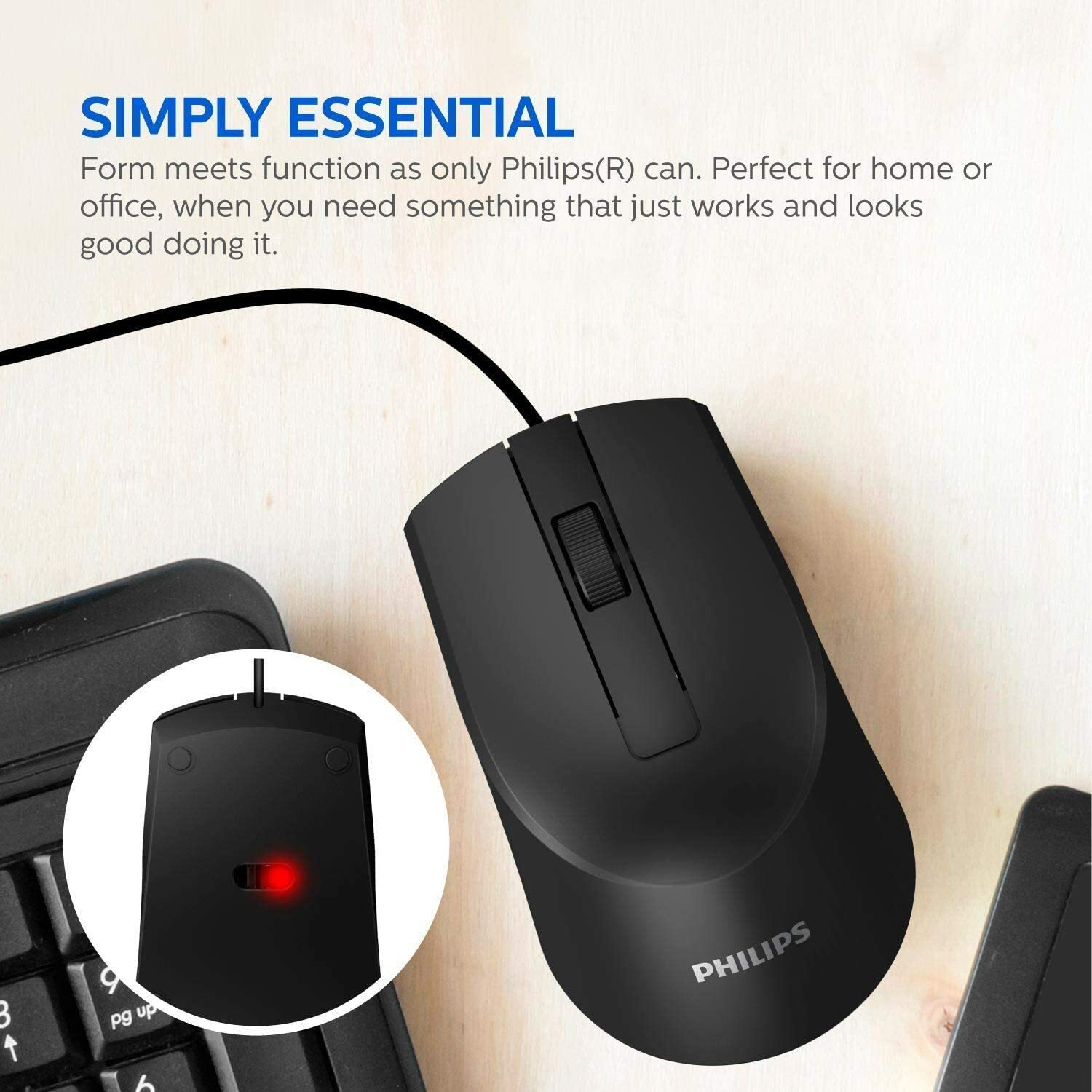 PHILIPS USB Optical Mouse for Home High-Performance with LED Sensor SPK7104