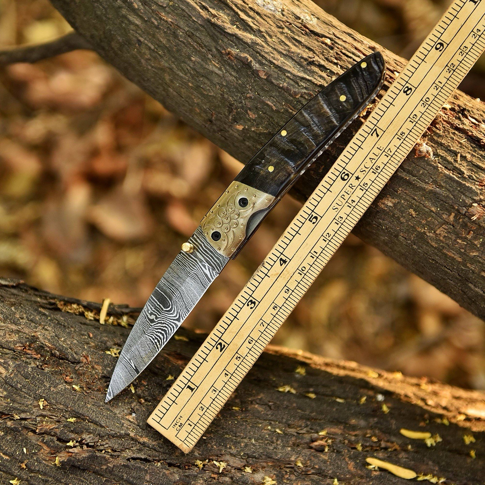 Damascus Folding Dagger Blade Pocket Knife Tactical Case- Ram Horn - Sheath