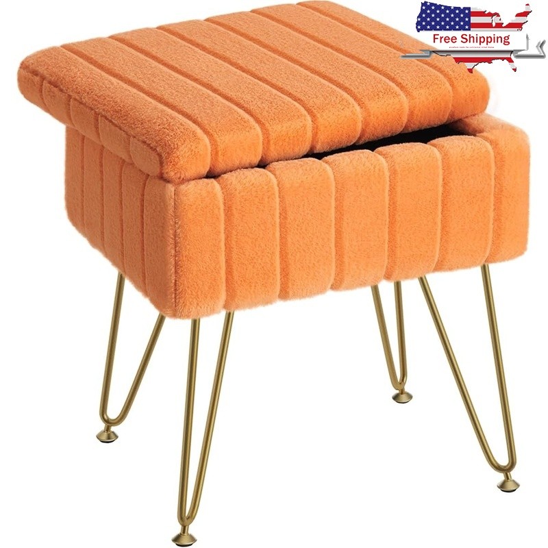 Faux Fur Vanity Stool W/ Storage Comfortable Makeup Chair Modern Ottoman New