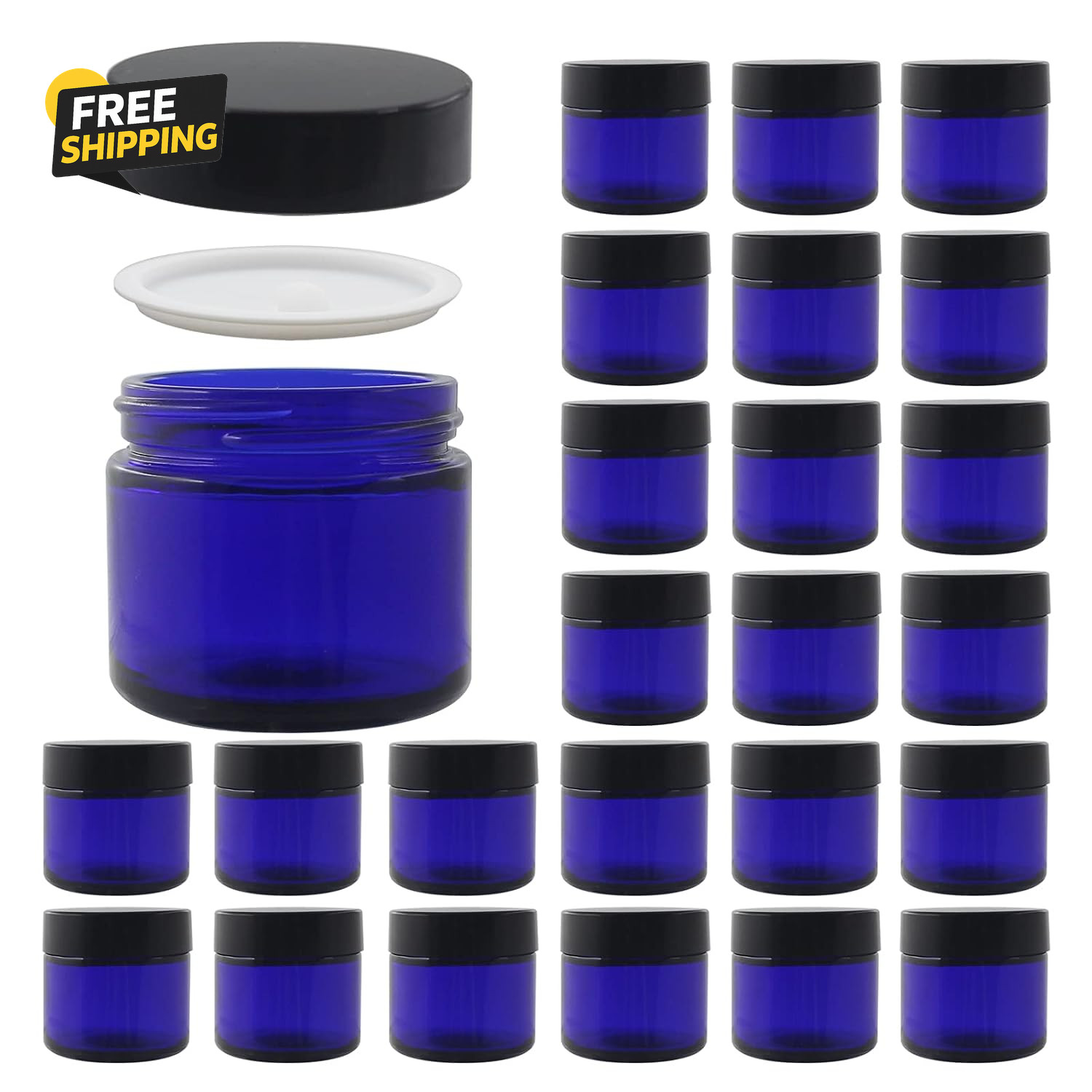 24 Pack 2oz Blue Glass Cosmetic Jars Black Lids Refillable Cream Containers