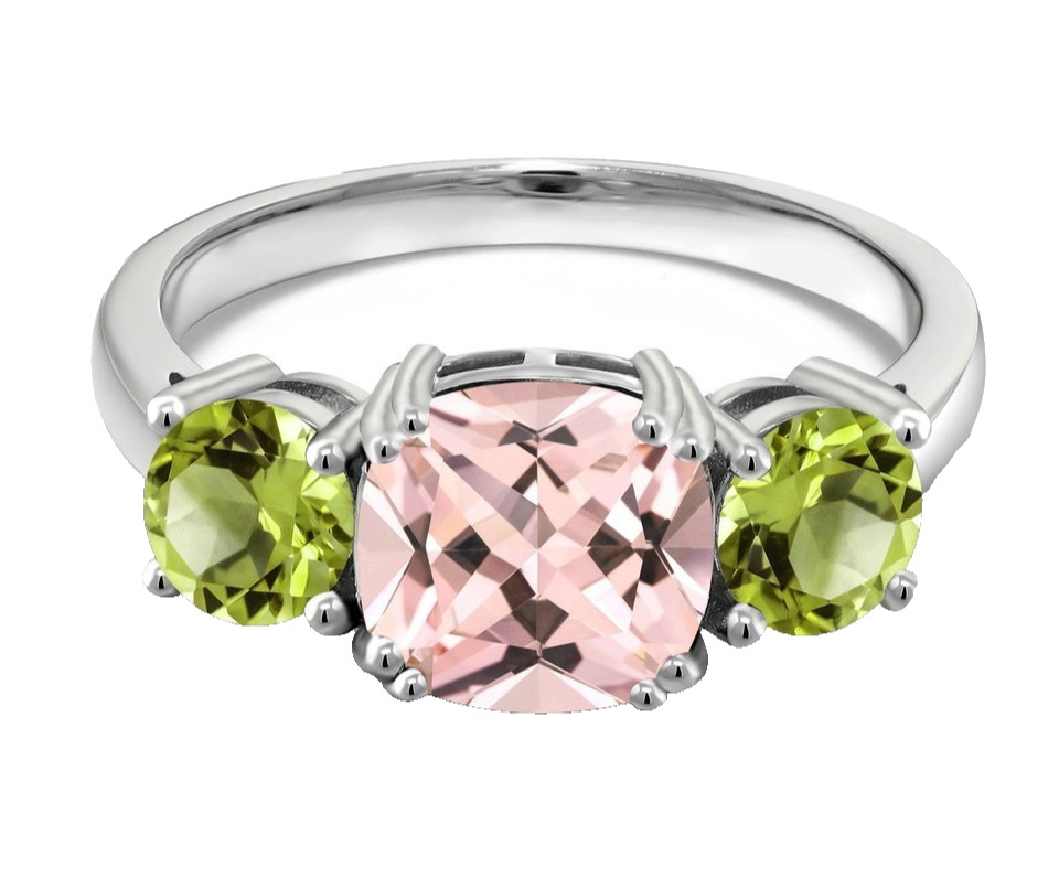 925 Sterling Silver 3.06 Carats Natural Morganite and Peridot Engagement Ring