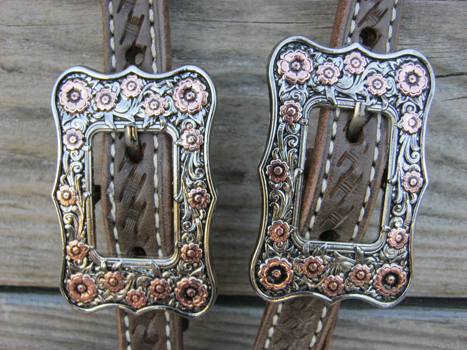 West 74 Dark Brown Basket Stamped Leather 5/8" One Ear Copper Floral Buckles