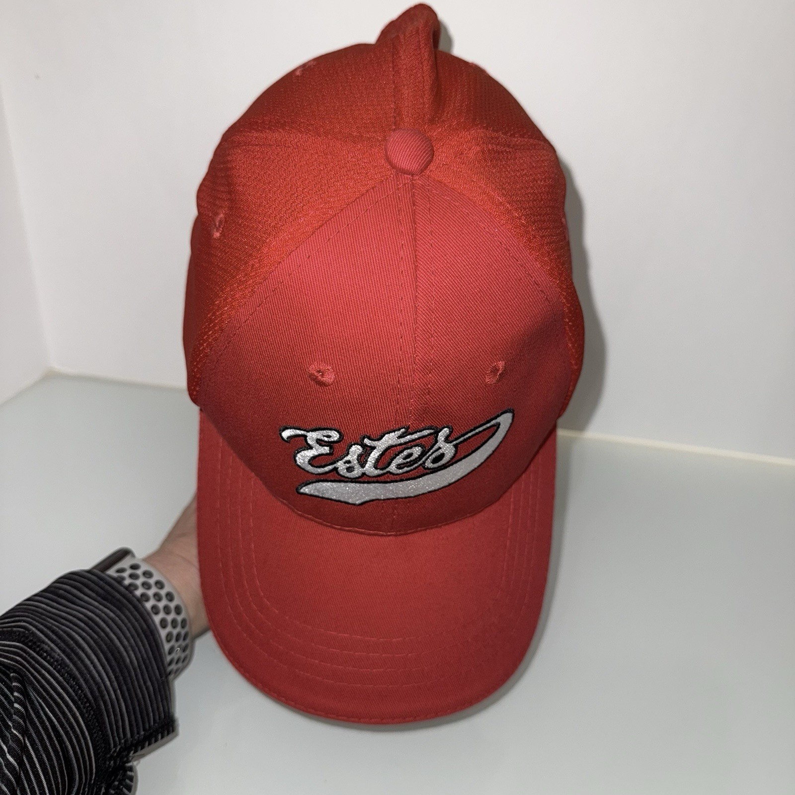 Estes Silver Script w Black On Red Hat Cap Polyester Cotton Hook Loop EUC