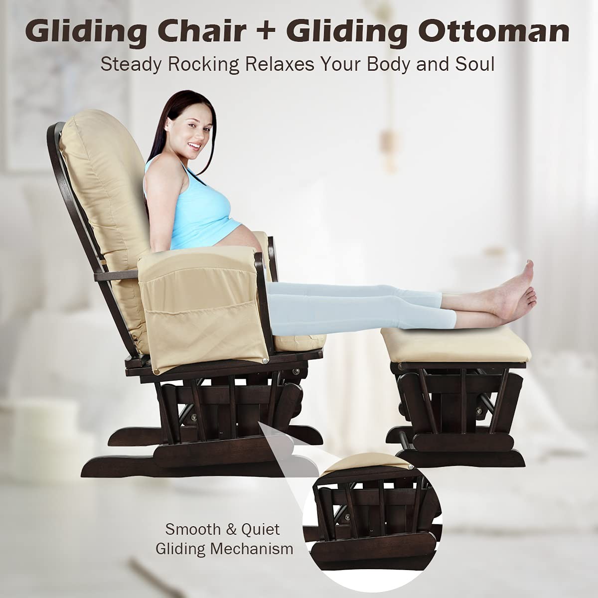 Costzon Glider and Ottoman Set, Wood 29.5” x 28.5” x 39.5” (L x W x H), Beige