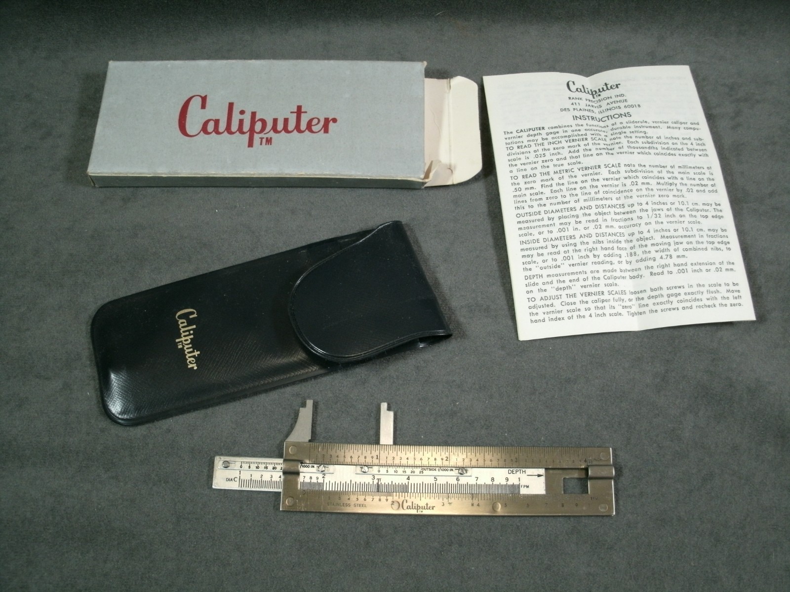Rare VTG Caliputer Slide Rule Caliper Tool SS - Original Pouch, Manual + Box EUC