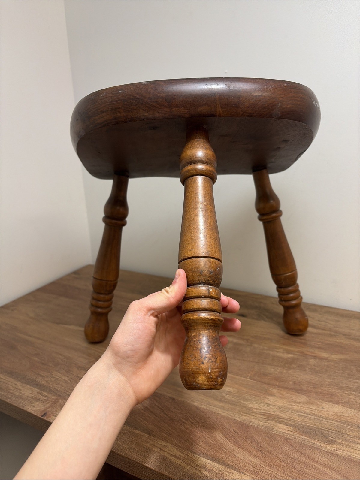 Vintage 3 Leg Maple Milking Stool #R82A Solid Wood Butt Or Saddle Seat Stool
