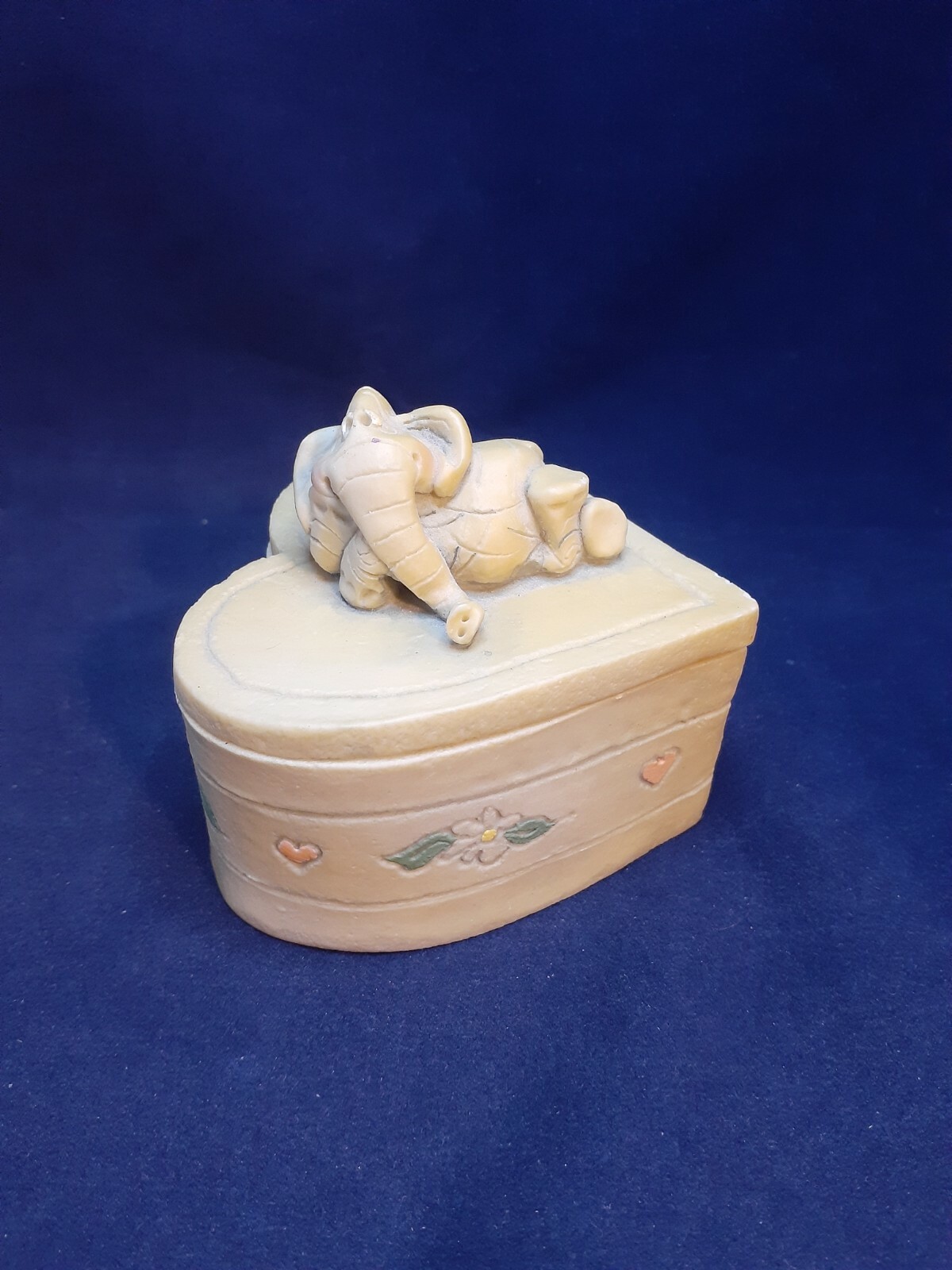 Relaxing Elephant on Heart Shaped Trinket Box