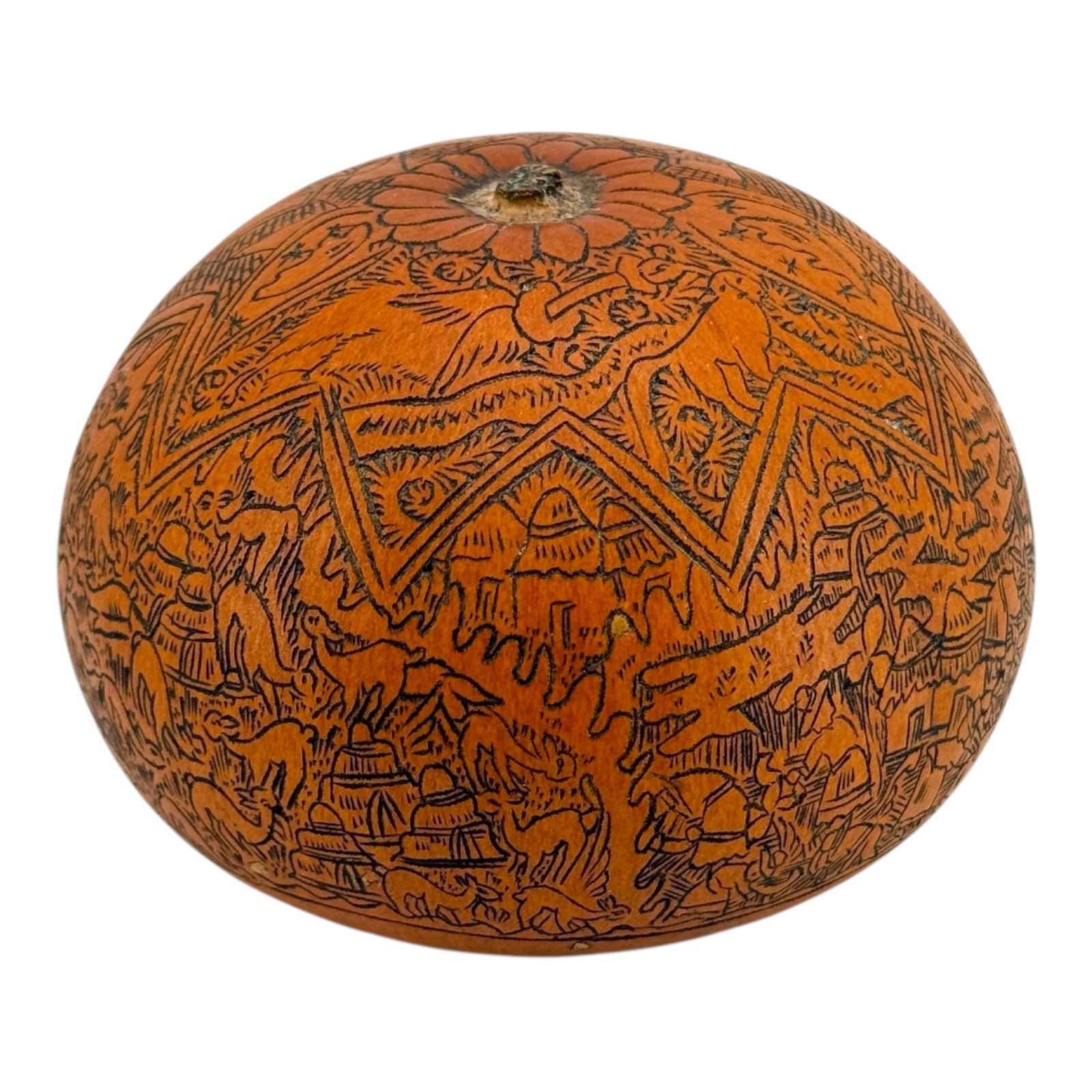 Vintage Peruvian Carved Gourd Folk Art Mate Burilado 3.25" Animal Scene