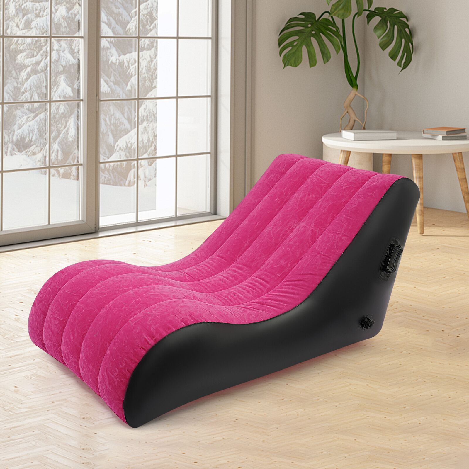 Rose-red PVC Sofa Bed Inflatable Sofa Bed S-shaped Folding Sofa Bed w/Air Pump