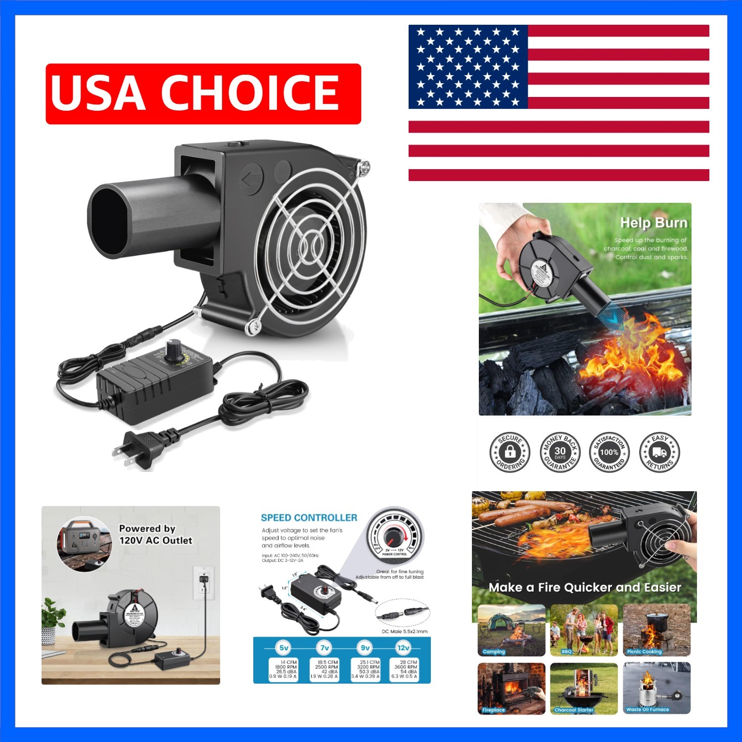 97mm 12V BBQ Blower Fan w/Variable Speed Controller 110V 120V AC | Dual Ball ...