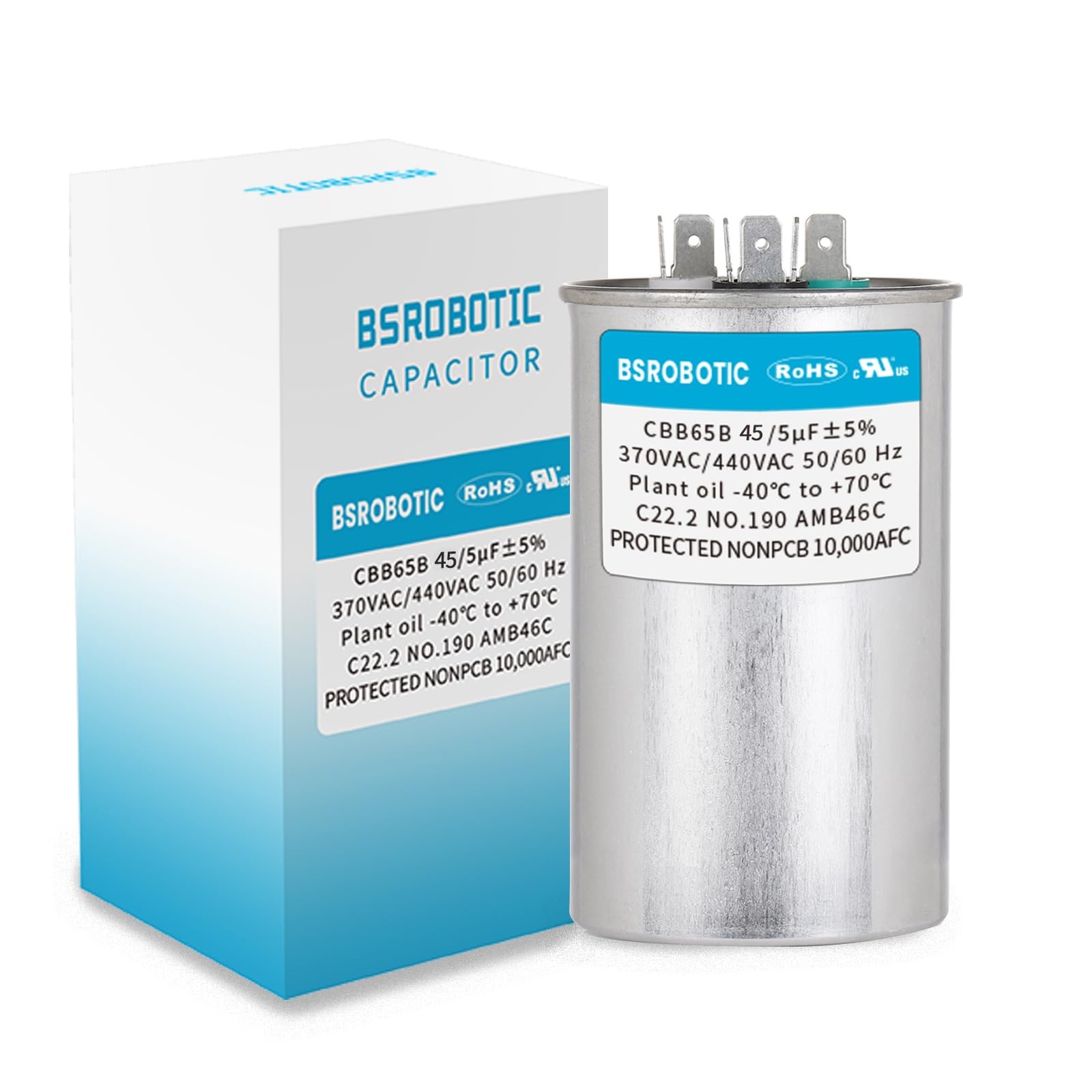45/5 440v CBB65B AC Capacitor - 45+5 uf ±5% MFD 370/440 Volt Dual Run Round C...