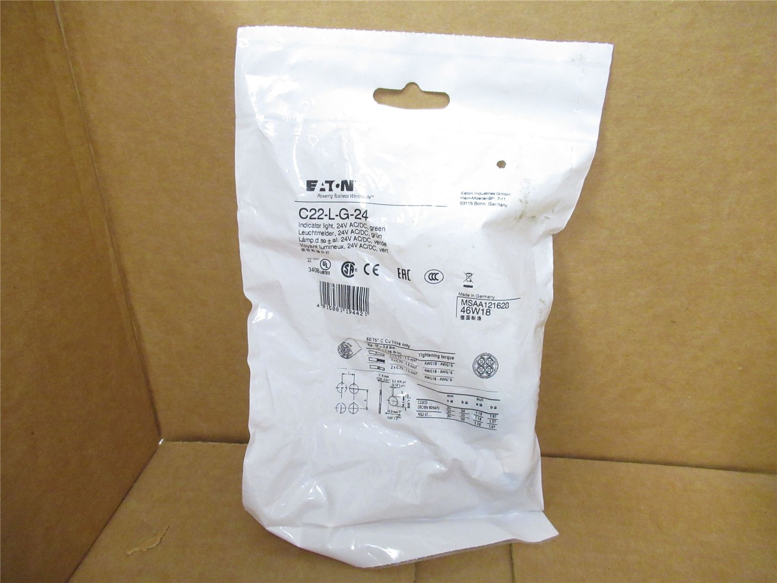 242543 New-No Box; Eaton C22-L-G-24 Switch Pushbutton Green Indicator 24 VAC/dc