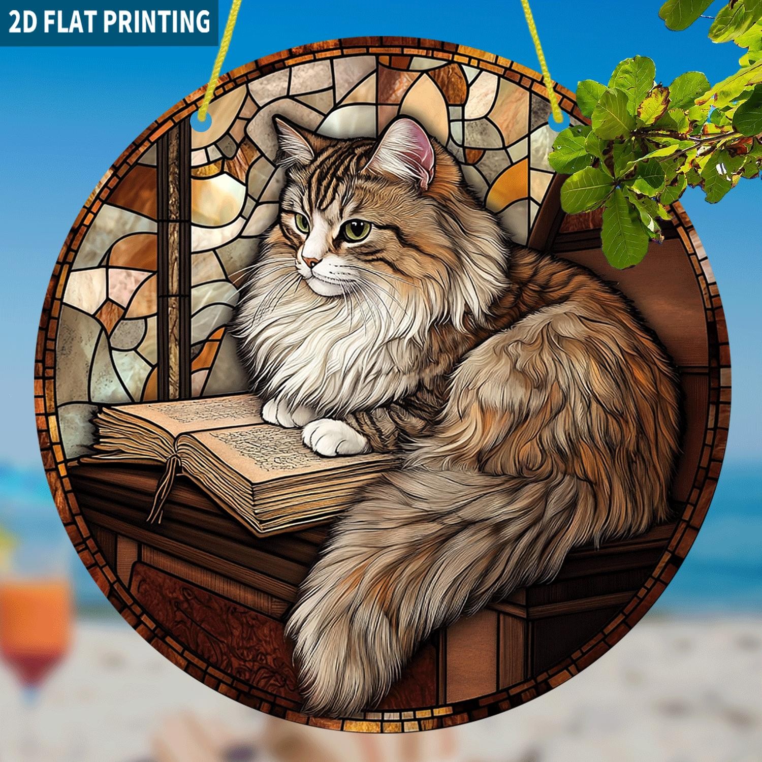 Vibrant Reading Cat Acrylic Suncatcher Cat & Book Lover Window Decoration Gift