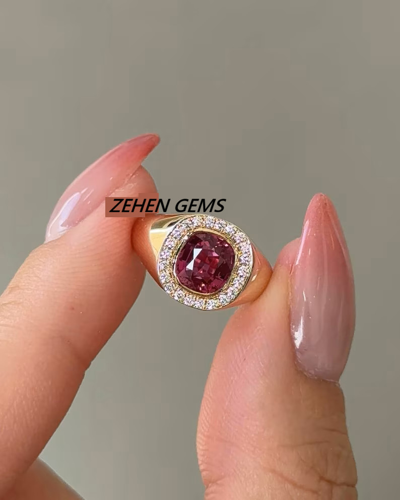 Lab Created Ruby Signet Ring for Men 925 Sterling Silver Gold Plated Halo Ring