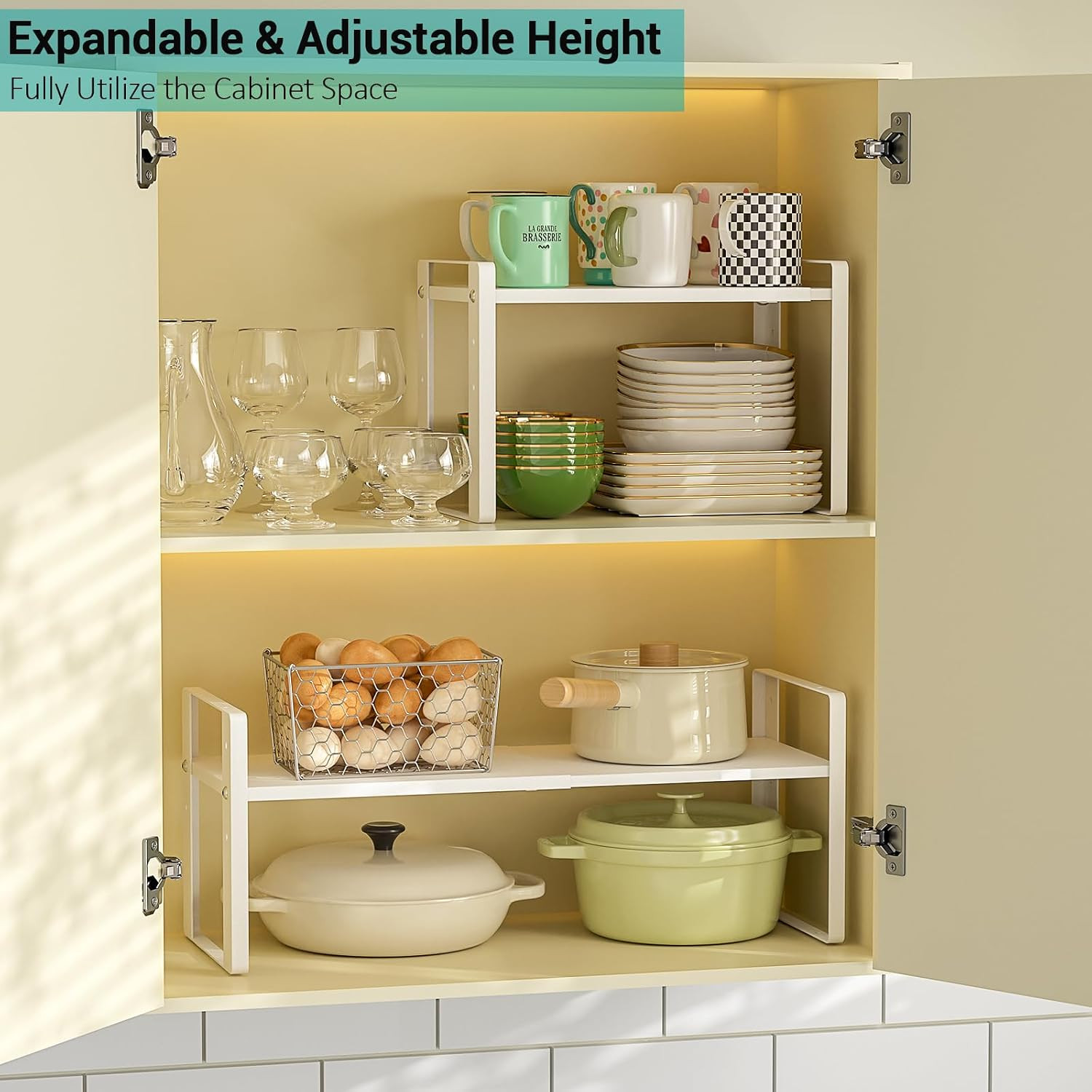 2 Pack Expandable Cabinet Organizer Shelves, 88Lbs High Weight Capacity, Stackab