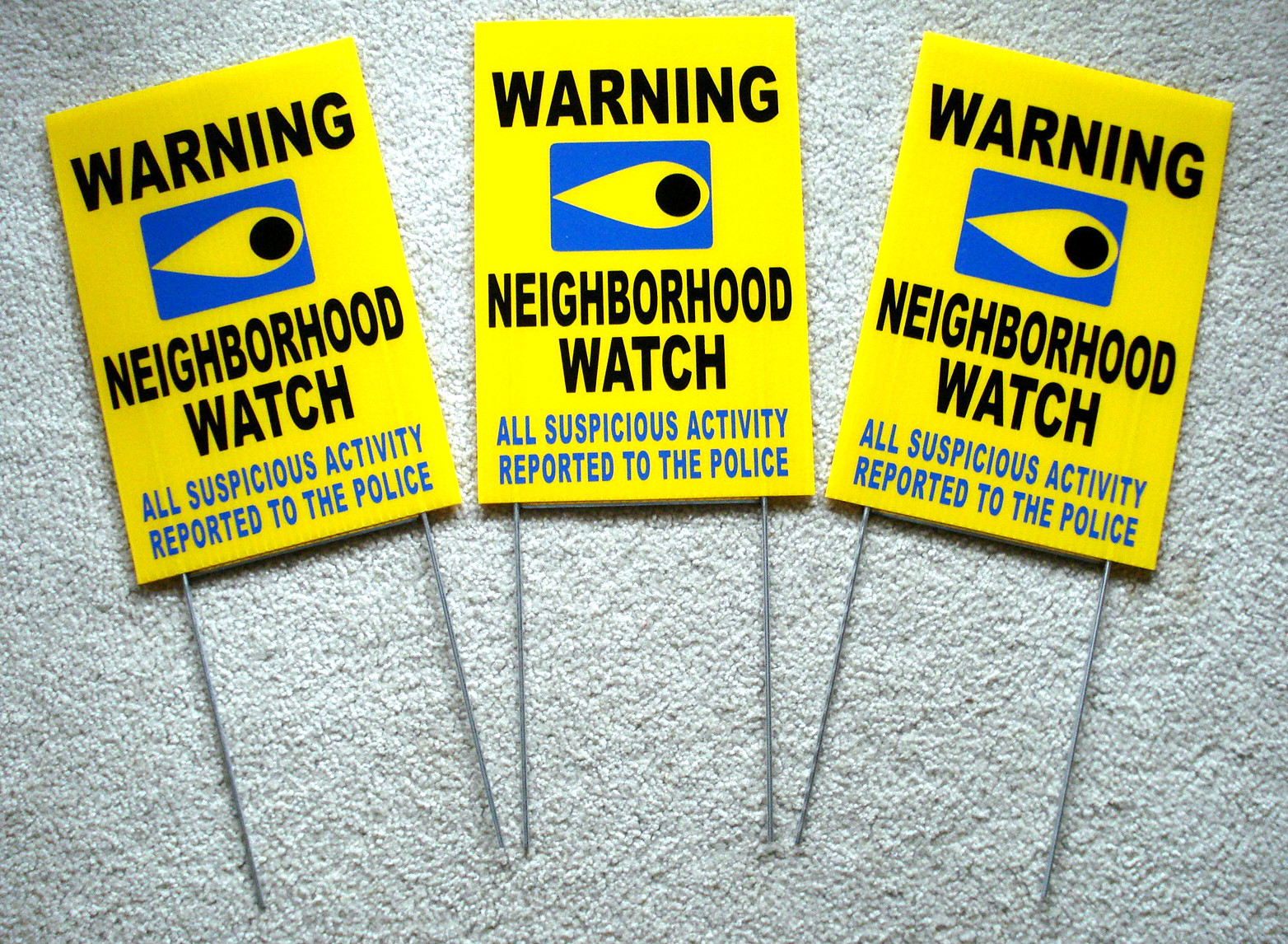 3 WARNING NEIGHBORHOOD WATCH POLICE SIGNS w/Stakes  8x12 Plastic Coroplast yello